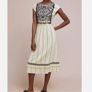 Anthropologie x Maeve Anaya Ivory White Black Tassel Midi Dress Size 16